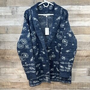 Lucky Brand Women Blue Paisley Print Shawl Collar Cardigan Sweater Medium